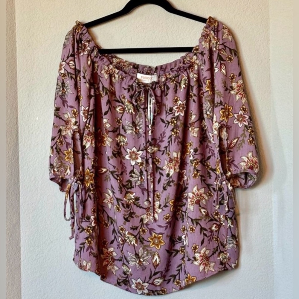 Renee C NWT XL Purple Floral Boho Peasant Blouse Cottagecore Romantic